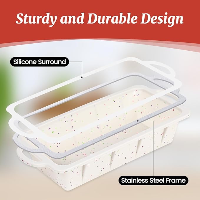 CAKETIME Silicone Bread Loaf Pan, Metal Reinforced Frame Nonstick 10x4.8x2.3 inch Silicone Loaf Pans for Baking Homemade Loaf, Bread, Meatloaf BPA Free 2 Pack