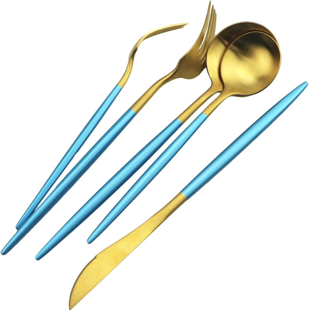 JASHII Silverware Sets, 5-Piece Flatware 18/10 Stainless Steel Heavy Weight Forged Cutlery Eating Utensils Forks Spoons Knives Set Tableware Service for 1 Matte Finished (Blue & Gold)