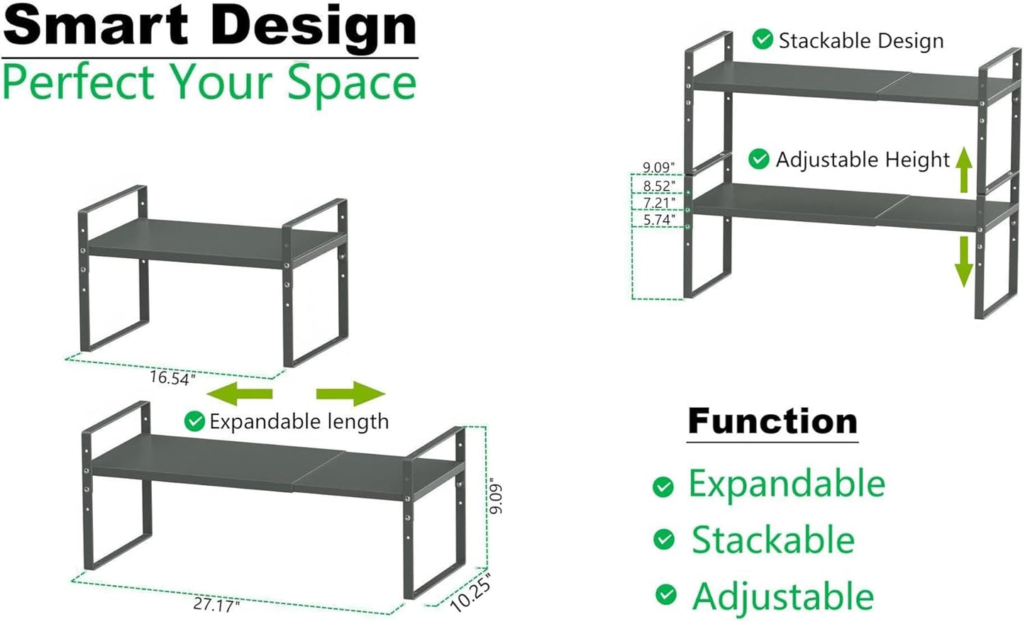 Expandable Stackable Spice Rack Cabinet Shelf Organizer in Cabinets Shelves Kitchen Cupboard Organization Stack up Racks Pantry Countertop Storage (Gun-Gray, Large 3 Packs G)