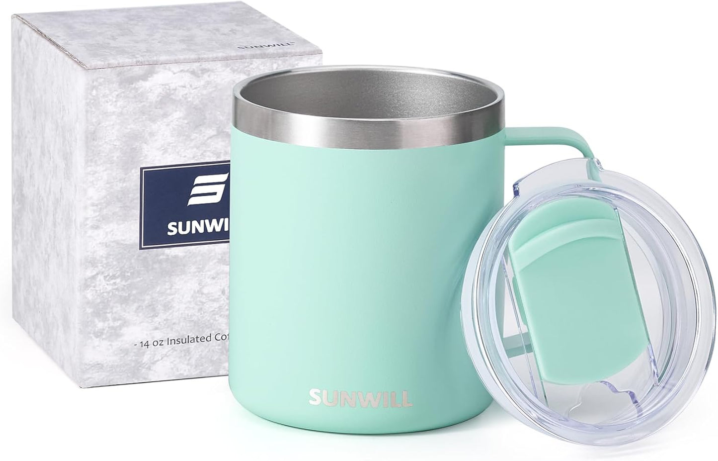 SUNWILL Insulated Coffee Mug with Lid, Travel Tumbler with Handle, 14 oz Stainless Steel Cup for Camping, Office, Home, Powder Coated Mint