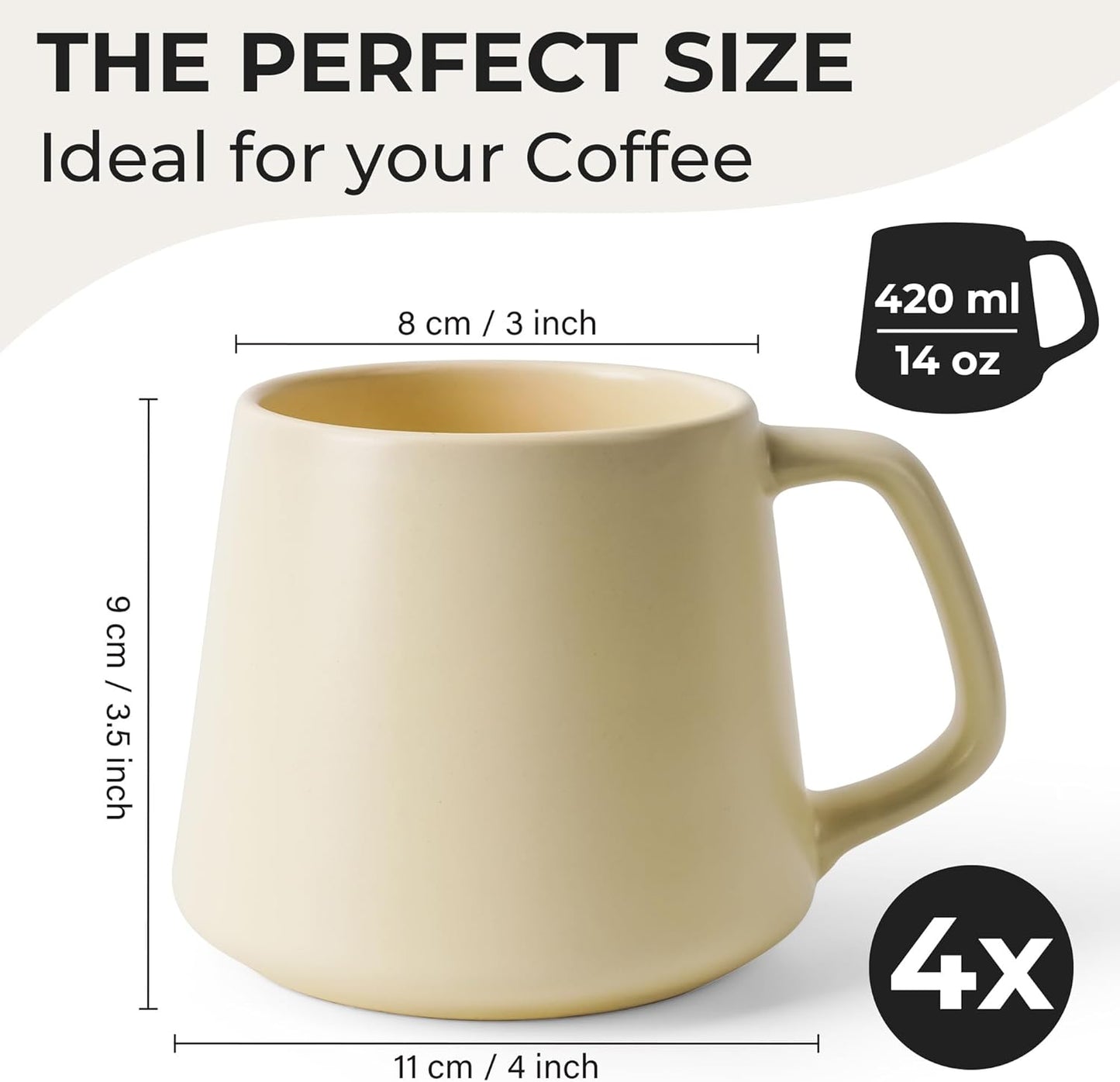 MIAMIO - Coffee Mugs Set of 4 / Large Ceramic Coffee Cups (14 oz) - Mug for Cappuccino, Tea, Espresso - Microwave and Dishwasher Safe - Luxe Collection (Beige Pastel)