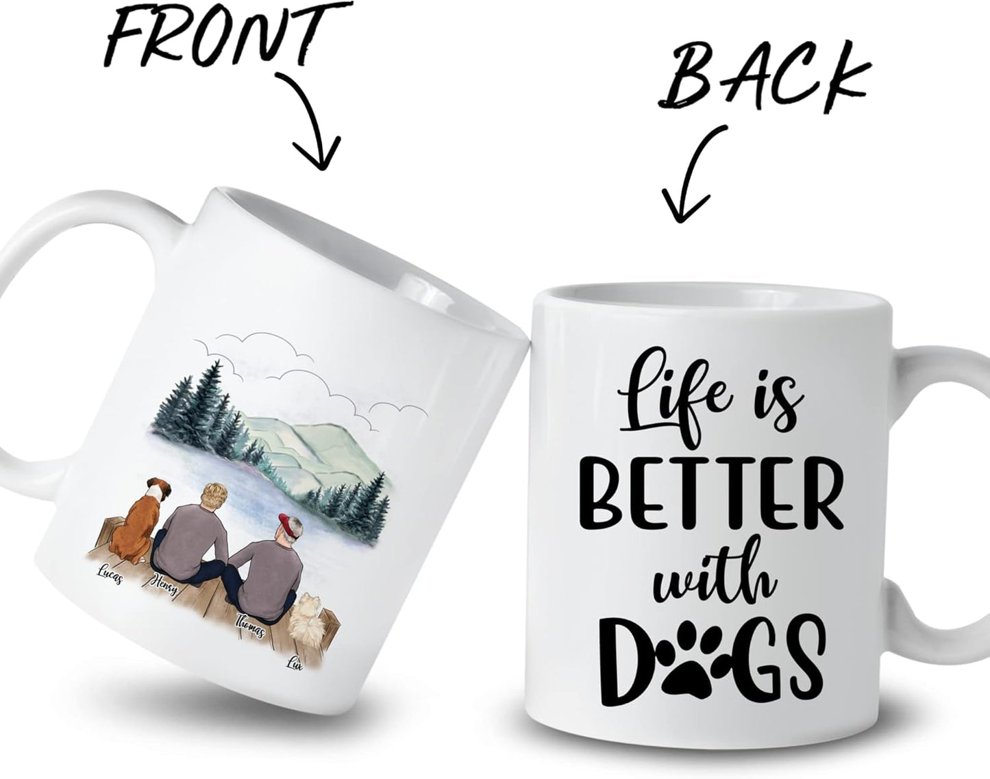 Gossby Personalized Dog Mug - Life is Better with Dogs (2 Men - 2 Dogs) - Customizable Dog Mug for Dog Dads with Male Characters, Names, Dog Breeds - Purfect Dog Lover Gifts for Men