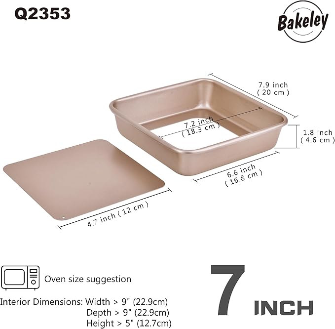 7-Inch Nonstick Square Cake Pan with Removable Bottom, Baking and Roasting Pan for Bread or Brownies 7.9" x 7.9" X 1.8" (Champagne Gold)