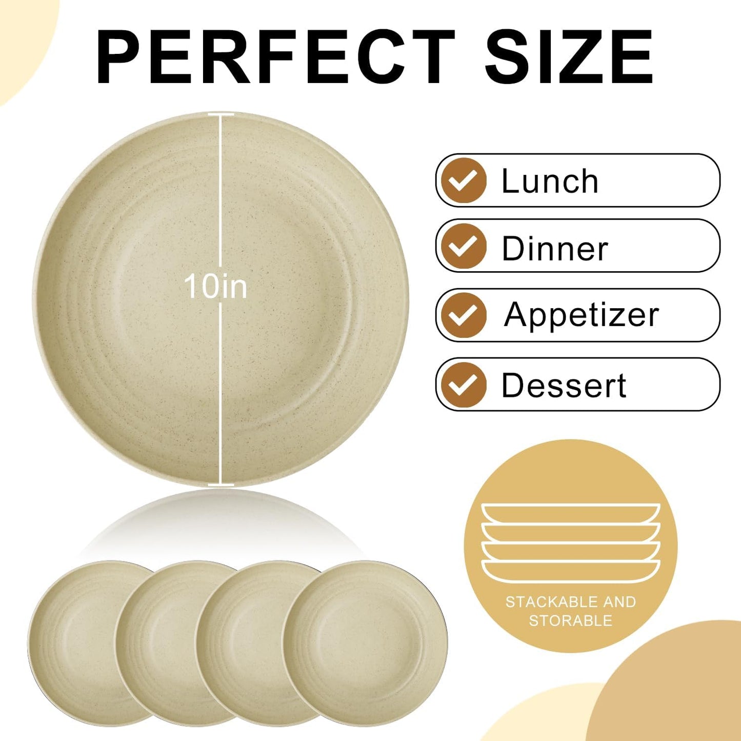 Wheat Straw Dinner Plates Set of 8, 10 Inch Beige, Lightweight & Unbreakable, Microwave & Dishwasher Safe Kids Plates