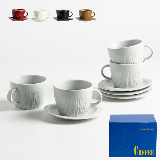 7.4oz Espresso Cups Set of 4 - Ceramic Cappuccino Cups with Saucers - Microwave and Dishwasher Safe, Perfect For Tea, Latte - Porcelain Drinkware for Kitchen or Cafe (grey)
