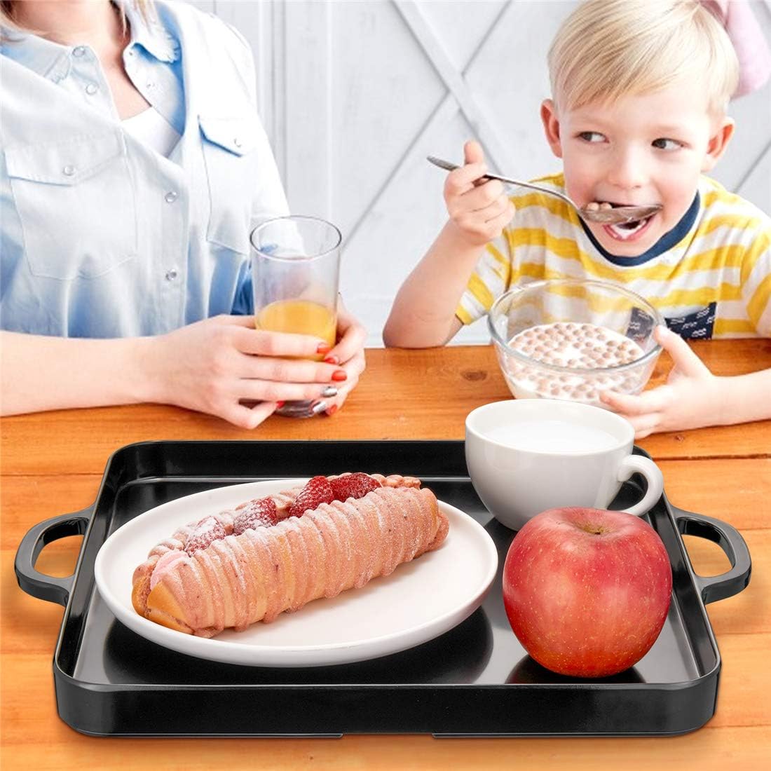 Square Serving Trays with Handles Melamine Black 12.5x12.5 Inch Spill Proof Kitchen Eating Trays Set of 2 for Cafeteria Cafe Food Appeizer Dessert Snack Dinner Lunch Breakfast,TR16-02