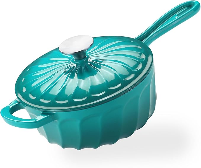 Enameled Cast Iron Sauce Pan, 2 Quart Enameled Saucepan with Lid, Mini Dutch Oven Enamel Saucepan for Cooking Pasta Sauce, Gravy, Puddings, Marinate, Boiling (Blue Green)