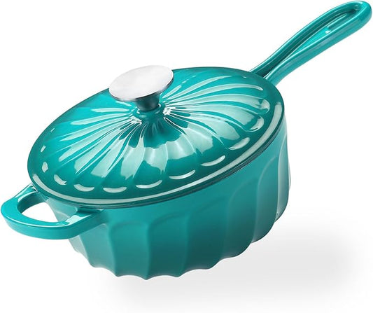 Enameled Cast Iron Sauce Pan, 2 Quart Enameled Saucepan with Lid, Mini Dutch Oven Enamel Saucepan for Cooking Pasta Sauce, Gravy, Puddings, Marinate, Boiling (Blue Green)