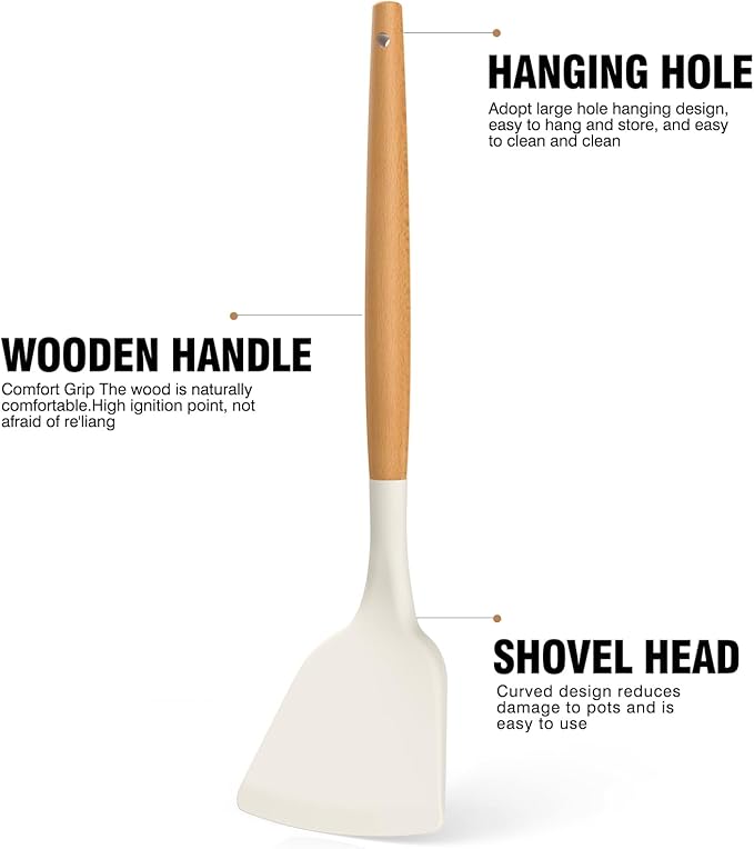 Silicone Cooking Utensils Set - Silicone Kitchen Utensils for Cooking Wooden Handles, 446°F Heat Resistant Kitchen Utensil Spatula Sets w Holder, Gadgets for Non-Stick Cookware BPA FREE (Cream White)
