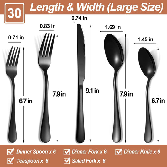 Lazycorner 30 Pcs Black Silverware Set for 6, Mirror Polished Flatware Set Stainless Steel Fork Knife Spoon, Food Grade Eating Utensils Sets, Reusable Silverwear Cutlery Set, Dishwasher Safe