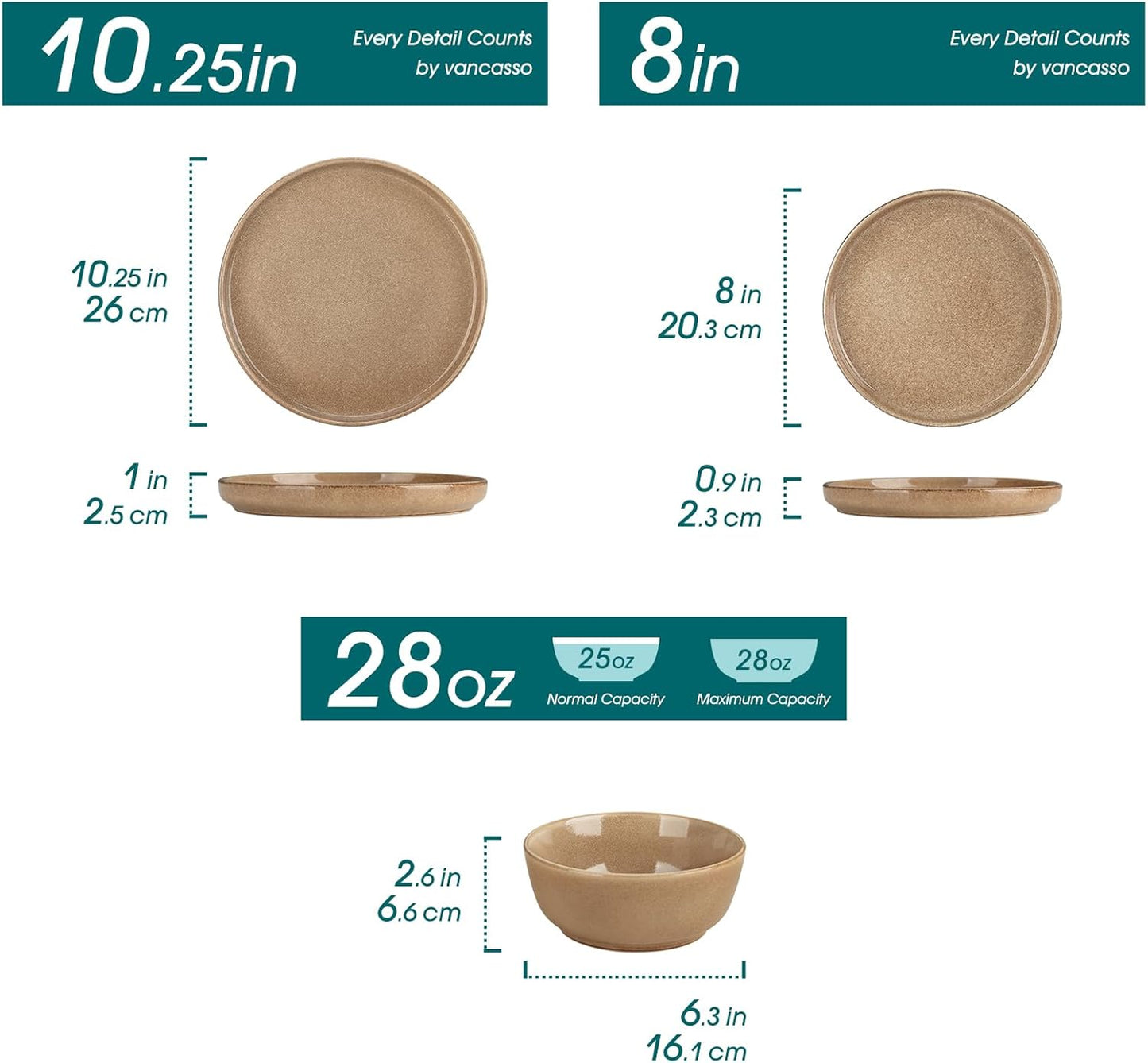 vancasso ANYA 24 Pieces Plates and Bowls Set, Caramel Dinnerware Sets, Reactive Glaze Dishes Set for 8, Ceramic Dishware Sets Kitchen Dinner Set, Microwave & Dishwasher Safe