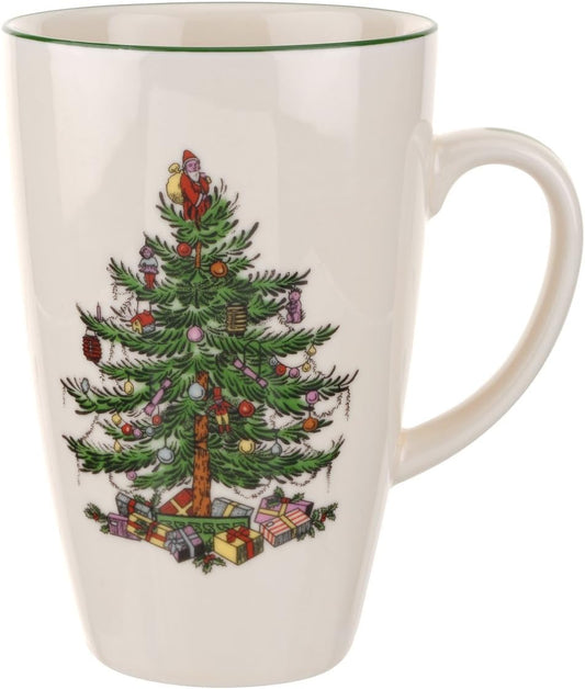 Spode Christmas Tree Latte Mug - 22 Oz Holiday Coffee Cup for Tea, Hot Cocoa, & More - Classic Green Banded Christmas Tree Design - Dishwasher & Microwave Safe Fine Stoneware Mug