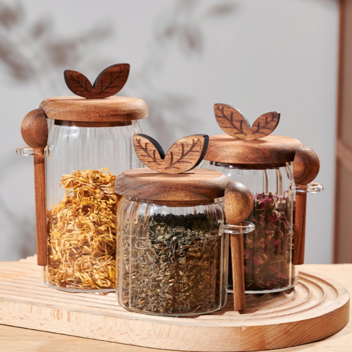 ANSQU Glass Jar with Wooden Lid and Spoon, 20.3oz Food Storage Containers Coffee Jar Coffee Grounds Container, Glass Food Storage Canister