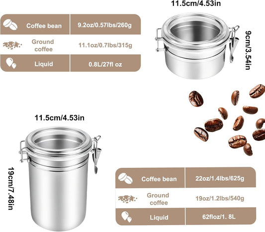 Airtight Coffee Canister, Coffee Storage Containers, Stainless Steel Kitchen Food Storage Jar for Grounds Coffee, Beans, Tea, Sugar, Flour, Cereal (Silver-1.8L*1+1.2L*2)