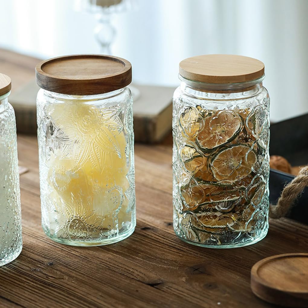 ANSQU Vintage Glass Storage Jar, 34oz Glass Canister Storage Jar Container with Airtight Wooden Lid for Kitchen Counter, Pantry, Coffee, Tea, Sugar, Cookie Jars (Round-Sunflower)