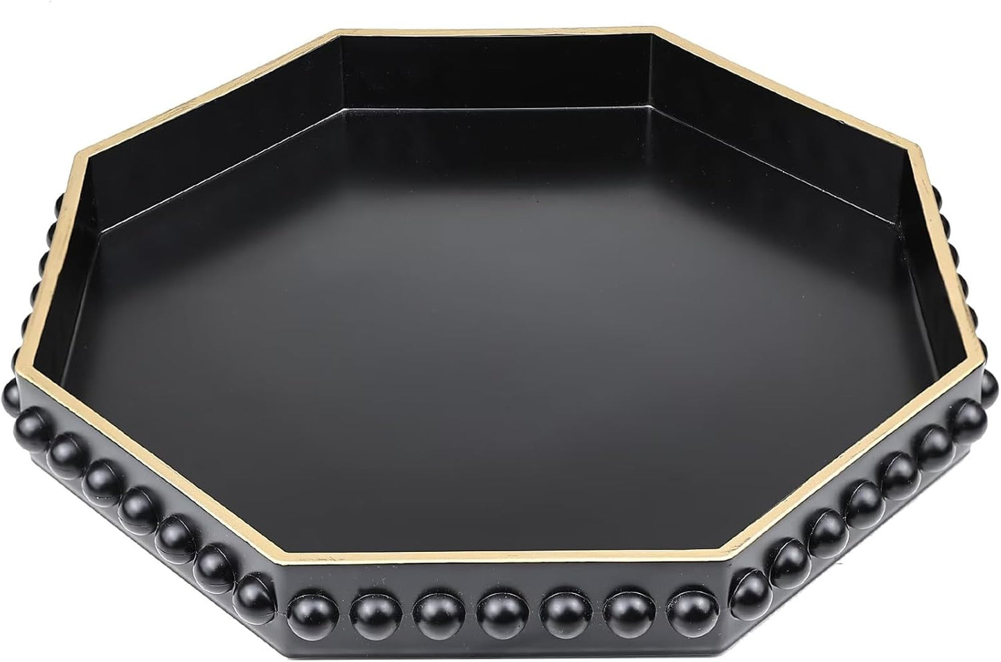 Black Serving Tray for Coffee Table, Octagonal Beaded Plastic Decorative Tray for Ottoman, Kitchen Counter, Living Room, Outdoor Lacquer Tray for Entertaining