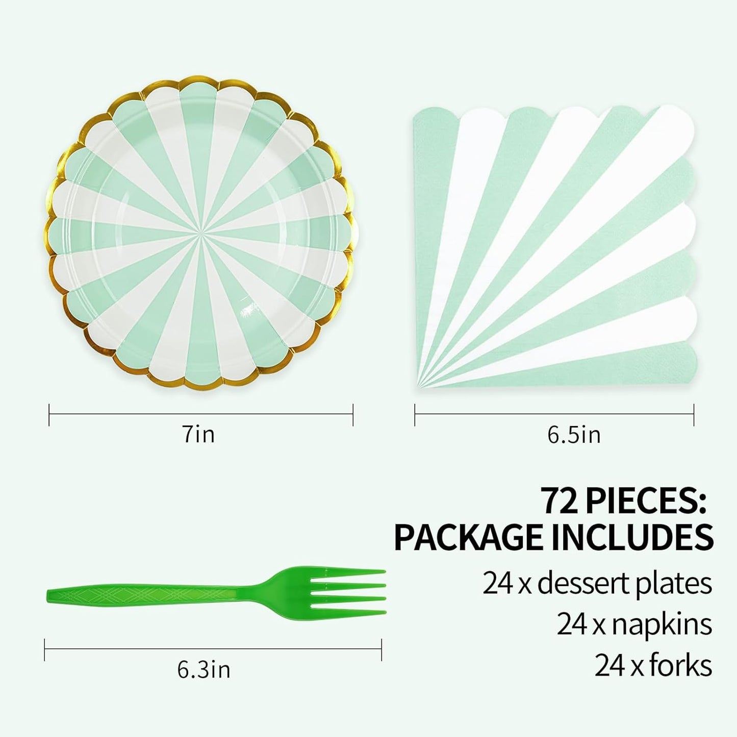 72PCS Sage Green Paper Plates and Napkins Party Supplies, Gold Foil Edge Scalloped Striped Plates Napkins Disposable Tableware Set for Birthday Wedding Baby Shower Party Decoration (Green)