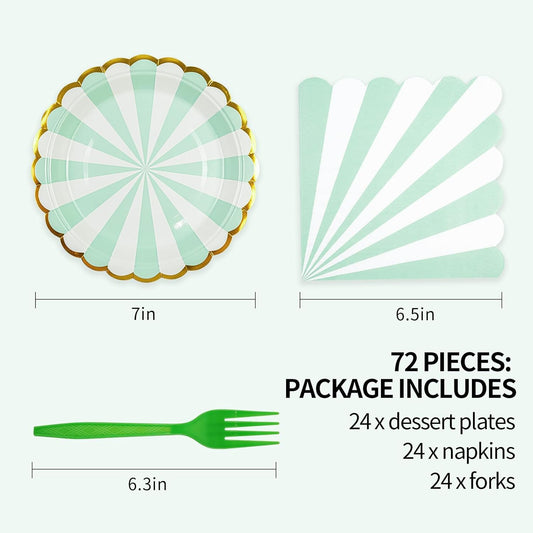 72PCS Sage Green Paper Plates and Napkins Party Supplies, Gold Foil Edge Scalloped Striped Plates Napkins Disposable Tableware Set for Birthday Wedding Baby Shower Party Decoration (Green)