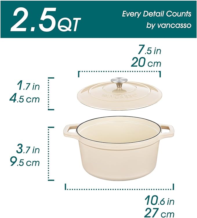 vancasso 2.5 QT Enameled Cast Iron Dutch Oven with Stainless Steel Knob Lid – Small Non-Stick Casserole for Steaming, Baking, and Roasting – Cream Color