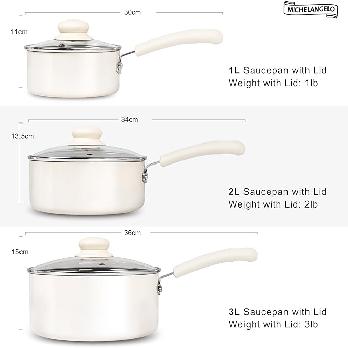 MICHELANGELO Nonstick Sauce Pan Sets, Ceramic Saucepan with Lid, Multipurpose Pot with Lid, Non-Toxic Saucepans, 1QT & 2QT & 3QT, White