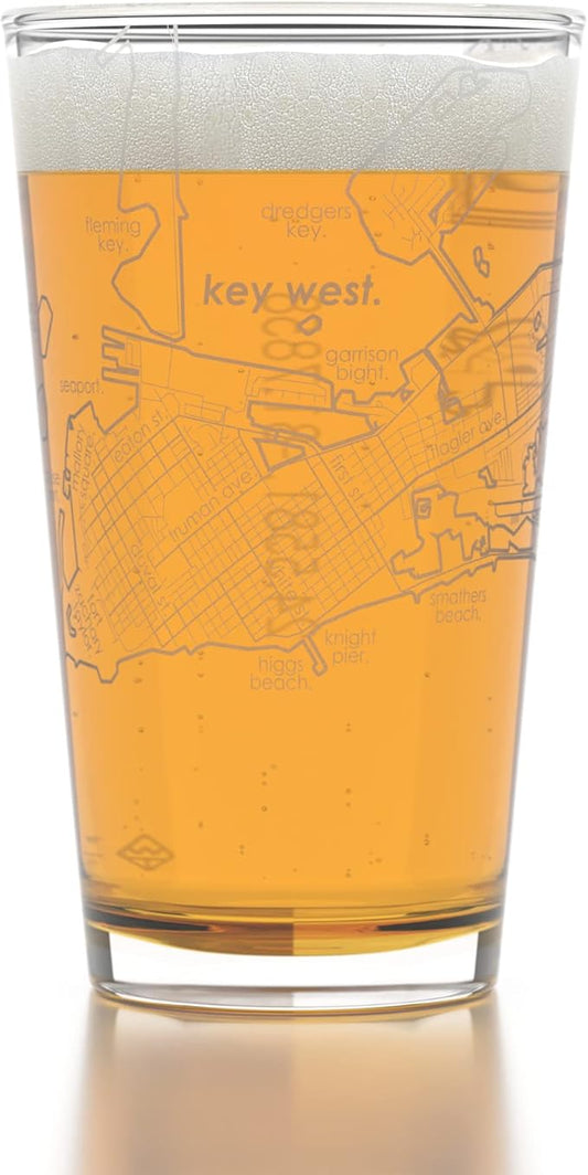Well Told Engraved Key West Florida Map Pint Glass, Etched Beer Gift (16 oz, Clear) City Map Pint, Custom City Glassware, Gifts For Beer Lovers