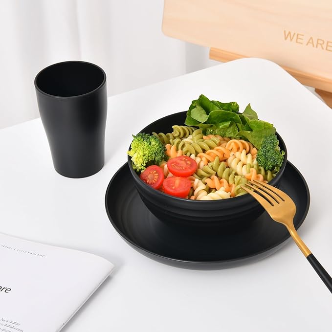 32 Piece Wheat Straw Dinnerware Set - Black Plates and Bowls for 8, Unbreakable, Dishwasher & Microwave Safe, Reusable, Lightweight Tableware, Ideal for Camping and Everyday Use