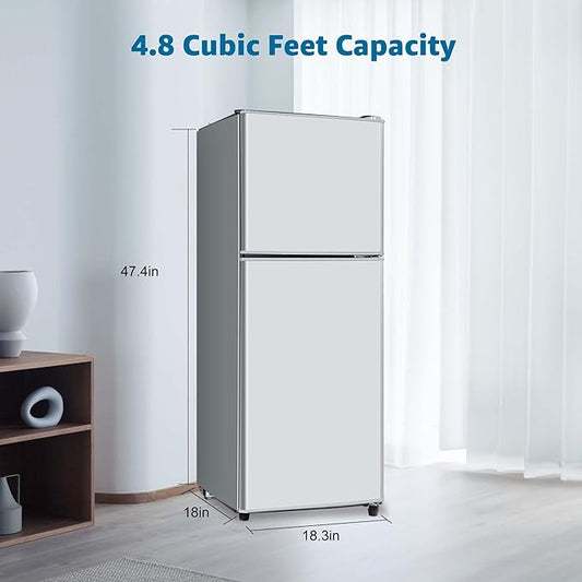 4.8 Cu. Ft. Mini Fridge with Freezer, Compact Refrigerator with Adjustable 7-Level Thermostat, Double-Door Fridge for RV, Kitchen, Office, Silver