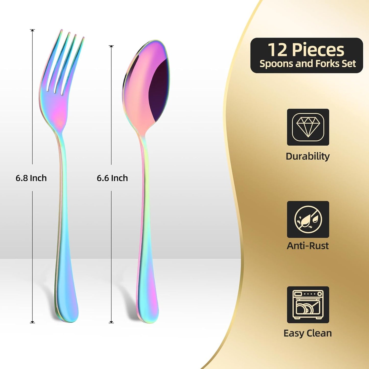 12 Pieces Spoons and Forks Set,Food Grade Stainless Steel Flatware Cutlery Set,6 Forks and 6 Spoons Silverware Set for Home,Kitchen,Restaurant-Mirror Polished & Dishwasher Safe(Rainbow)