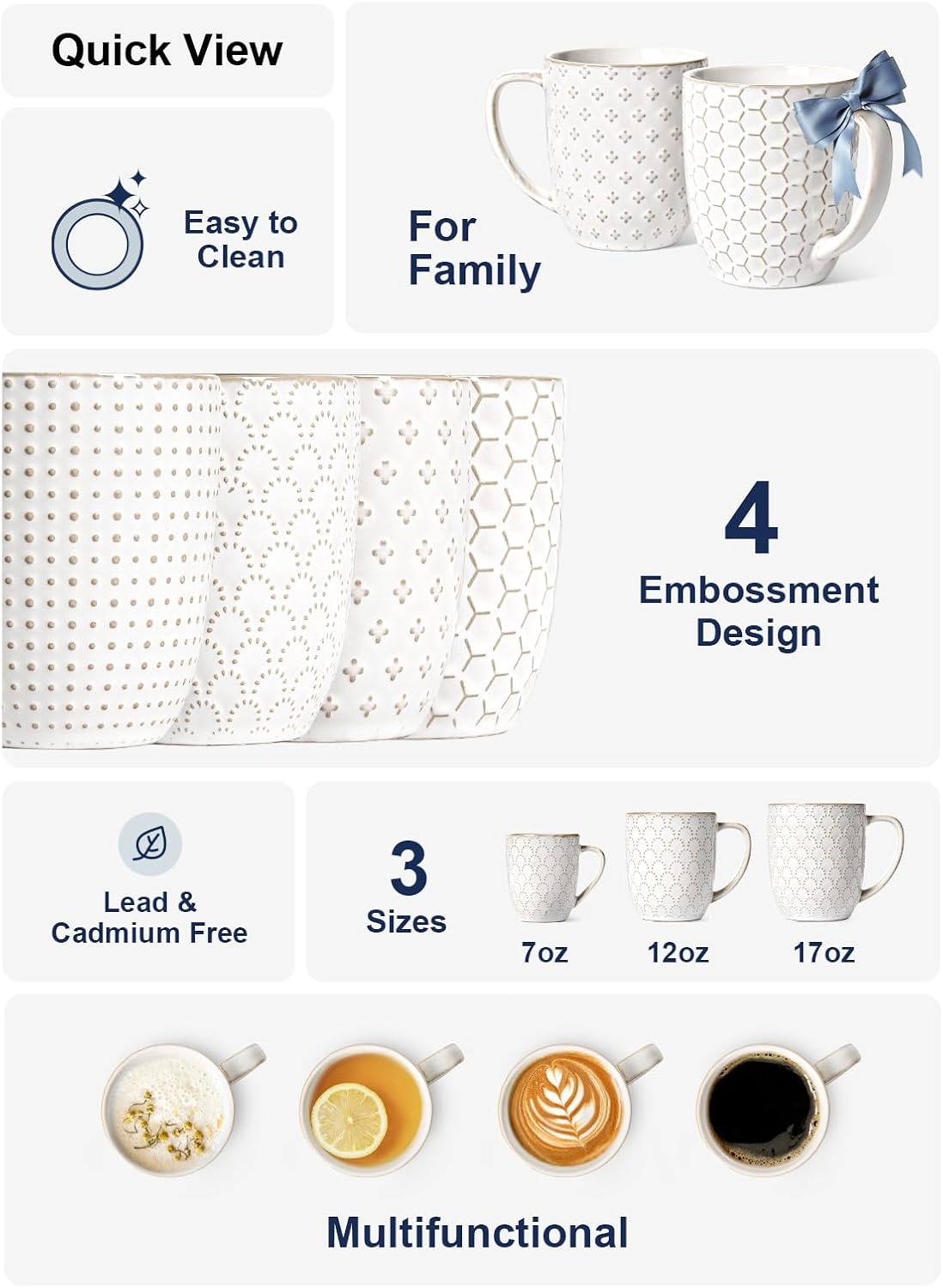 LE TAUCI Coffee Mugs 16 oz,Ceramic Mug Set, Embossment Cups for Latte, Hot Tea, Cappuccino, Mocha, Cocoa, Dishwasher Safe, Suit For Housewarming Wedding- 3.8 inch, Set of 4, Arctic White