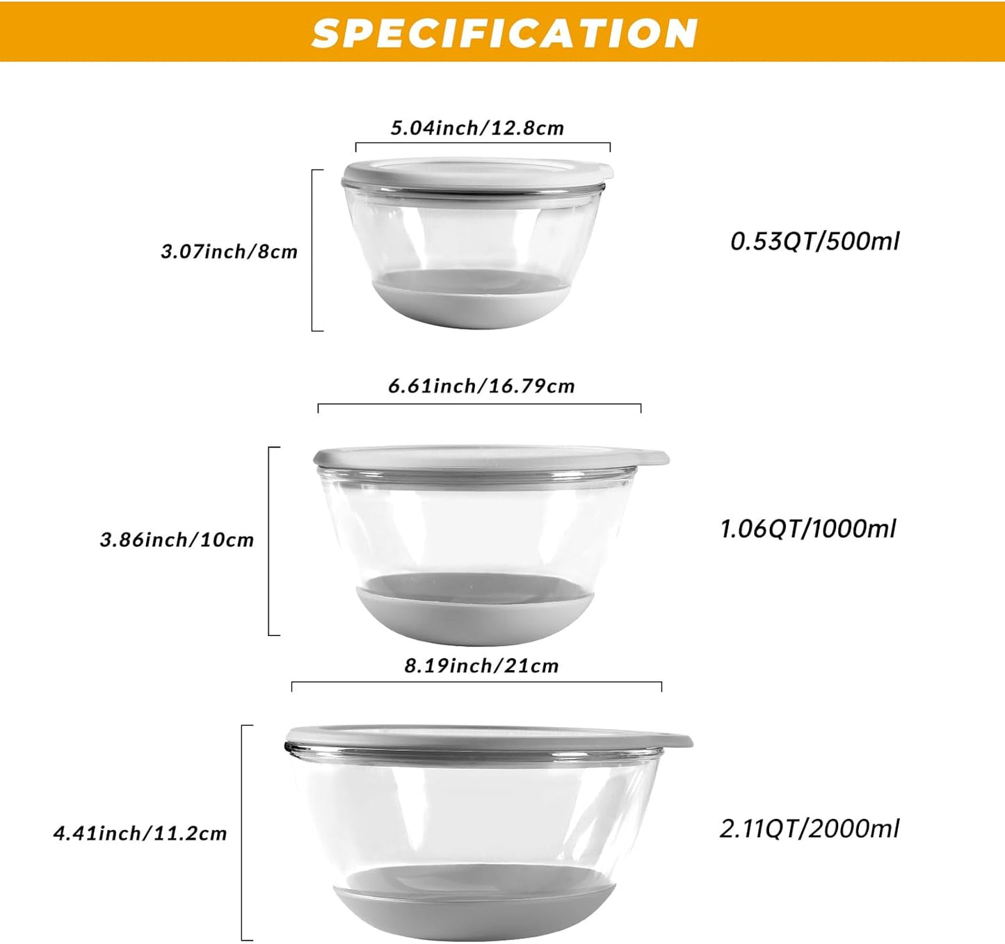 Glass Mixing Bowls HEAVY DUTY Top Choice for High-end Kitchens Extra-thick Glass Mixing Bowl Set of 3 with BPA-Free Airtight Lids Large Nesting Bowls with Non-Slip Silicone Base Well-made