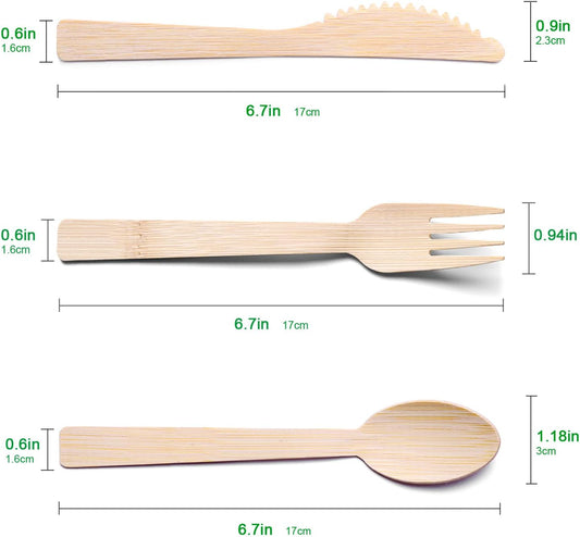 Bamboo Utensils -300 PK (100 Forks 100 Spoons 100 Knives) 6.7" Bamboo Compostable Forks Spoons Knives Disposable Bamboo Cutlery Set Biodegradable Eco Friendly Flatware Renewable Utensil