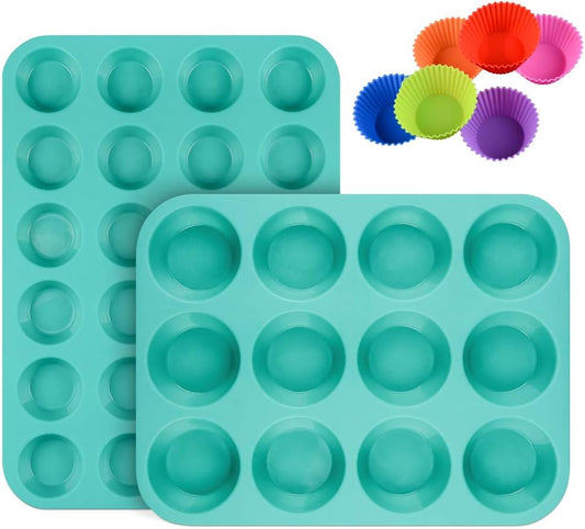 Silicone Muffin Pan Cupcake Pan Set - Mini 24 Cups and Regular 12 Cups Muffin Tin, Nonstick Food Grade Molds with 12 Baking Cups