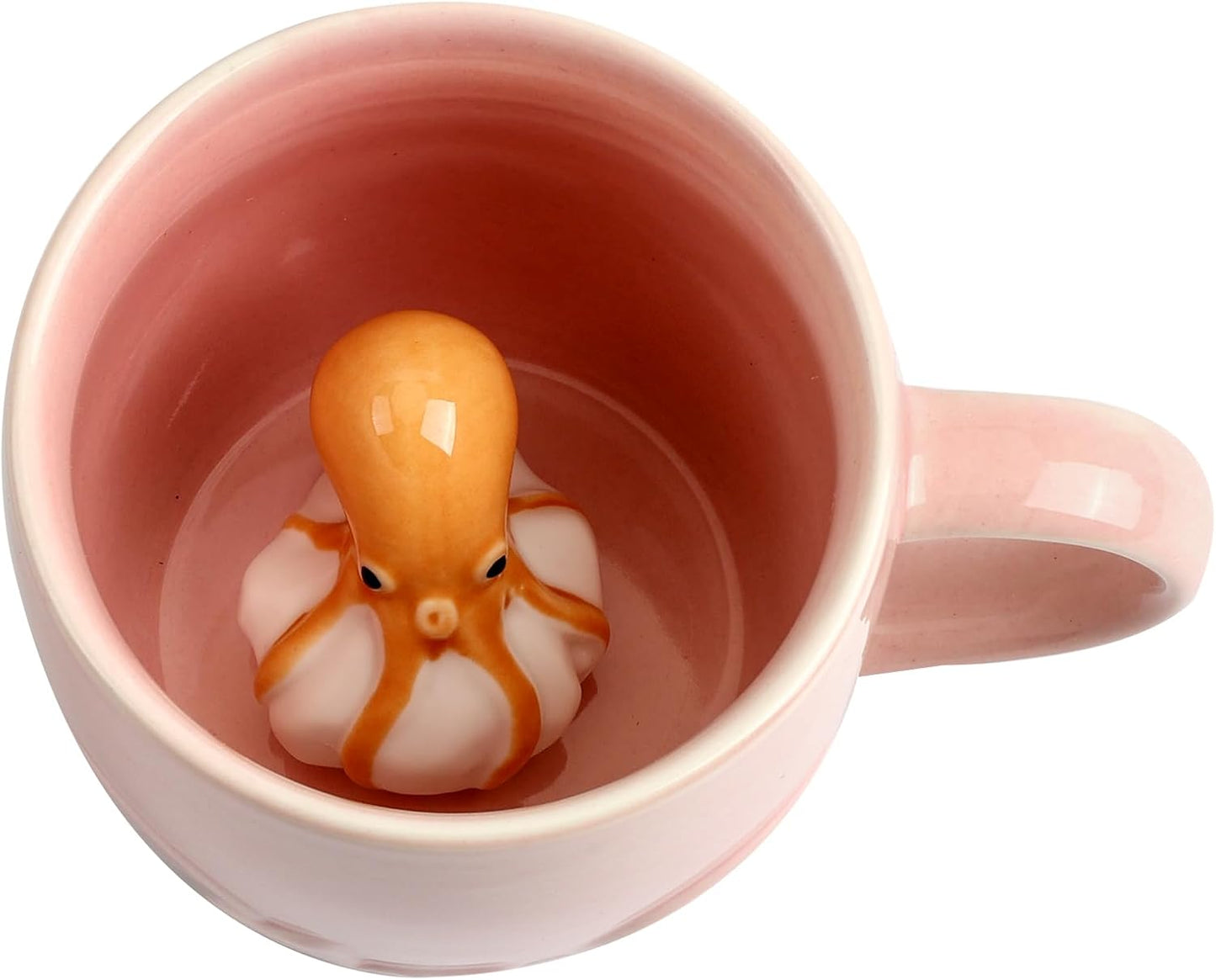 Octopus Ceramic Cup Hidden 3D Animal Inside Mug,Cute Cartoon Handmade Figurine Mug,Christmas Birthday Surprise for Friends Family or Kids (Pink Octopus)