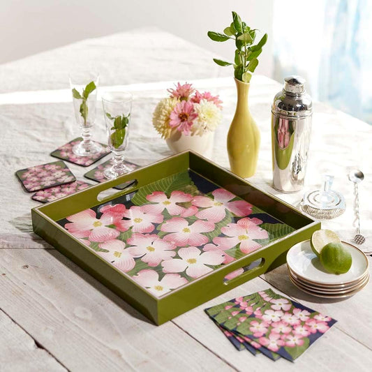 rockflowerpaper Pink Dogwood 15inch Square Lacquered Wooden Serving Tray with Handles, Coffee Table Ottoman Tray for Dining. for Food, Drinks, Cocktail, Great for Parties, Entertaining & Gift