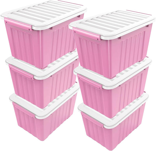 Nazhura Plastic Storage Bin, Stackable and Nestable Storage Boxes with White Lids and Secure Latching Buckles, Large Storage Container (Pink/White, 72Quart-6Pack)