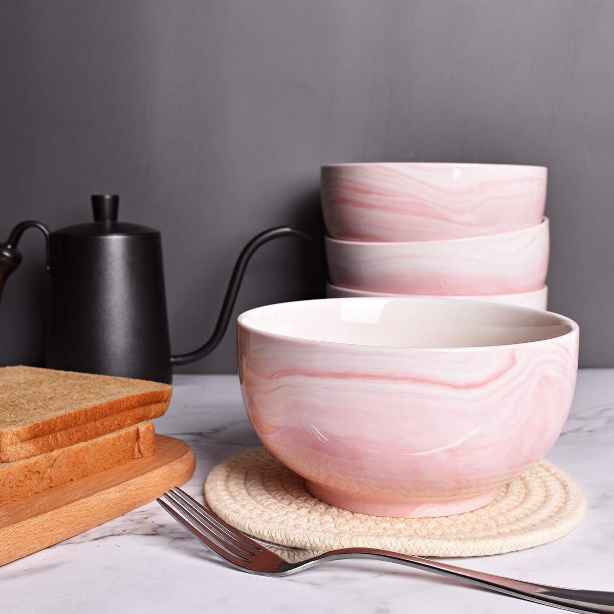 Bosmarlin Marbling Ceramic Soup Bowl Set of 4, 33 Oz, Dishwasher and Microwave Safe (33 Oz, A-Pink Marbling)