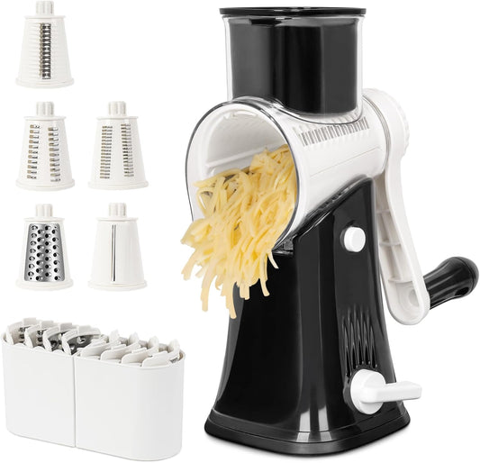 X Home 5-in-1 Rotary Cheese Grater for Kitchen, Upgraded Hand Crank Shredder with Stronger Suction Base & Multifunctional Drum Blades, for Cheese, Vegetables and Nuts, Easy to Use and Clean, Black