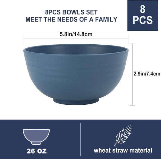 Wheat Straw Bowl Sets,8 PCS Unbreakable Cereal Bowl 26 OZ,Microwave and Dishwasher Safe Bowls,Bowl Sets for Camping and Picnic BPA Free Colorful Salad Bowls for Serving Soup,Oatmeal and Fruit Etc…