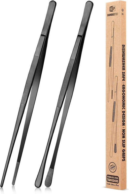 2 Pcs 12-Inch Kitchen Tweezers Fine Tweezer Tongs, Stainless Steel Professional Long Cooking Tweezers for BBQ, Sea Food, Repairing and Serving (BLACK)