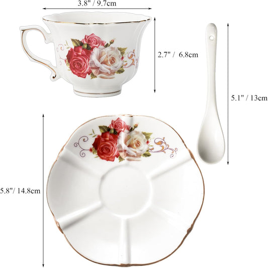 Foraineam Tea Cup and Saucer Set of 6, Porcelain Ivory Rose Tea Cups with Saucers and Spoons, 6 oz Floral Coffee Cup Set with Gold Trim, Latte Cups and Espresso Mug for Tea, Latte and Coffee Drinks