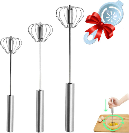 Semi-automatic Whisk, Stainless Steel Egg Beater, Hand Push Rotary Whisks Mixer Stirrer for Making Cream, Whisking, Beating and Stirring (Silver)