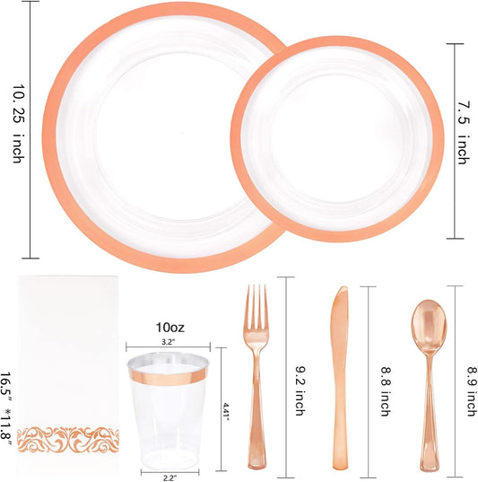 YOUBET 175PCS Rose Gold Plastic Plates - Clear Plastic Plates Disposable with Rose Gold Rim includes 50 Rose gold plates, 25Forks, 25Knives, 25Spoons, 25Cups, 25Napkins for Party & Wedding