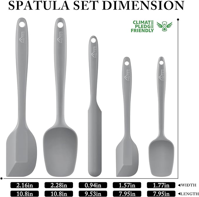 HOTEC 600℉ Heat Resistant BPA-Free Silicone Rubber Spatula Set,Kitchen Cooking Spatulas, Baking, Mixing for Non Stick Cookware, Dishwasher Safe, Set of 5 Grey