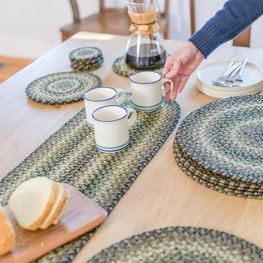 Homespice Pinecone Jute Braided Table Runner, Country Rustic Decor, Set of 2, Green Oval 8x28 - Rich Colors, Easy to Clean, Durable and Protects Furniture