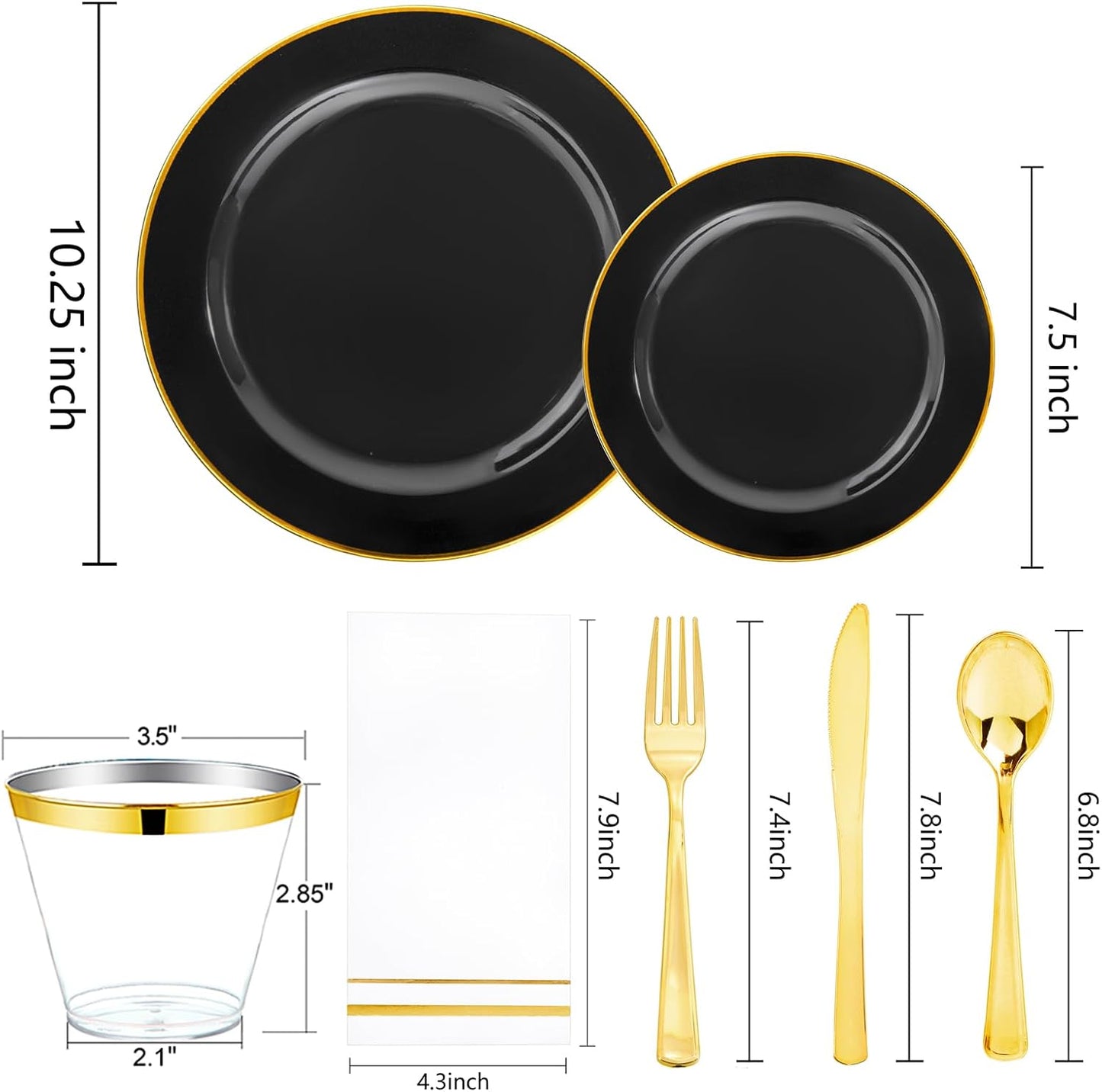 SUT 175 Piece Black and Glod Plastic Dinnerware Set for 25 Guests, Disposable Plastic Plates, Include: 25 Dinner Plates, 25 Dessert Plates, 25 Pre Rolled Napkins with Silver Silverware, 25 Cups