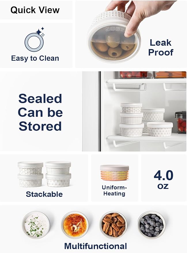 LE TAUCI Ramekins Oven Safe with Lids, 4 oz Charcuterie Boards Bowls Set for Creme brulee, Souffle, Dipping Sauces, Ceramic Food Storage Containers - 3.8 inch, Set of 4, Arctic White