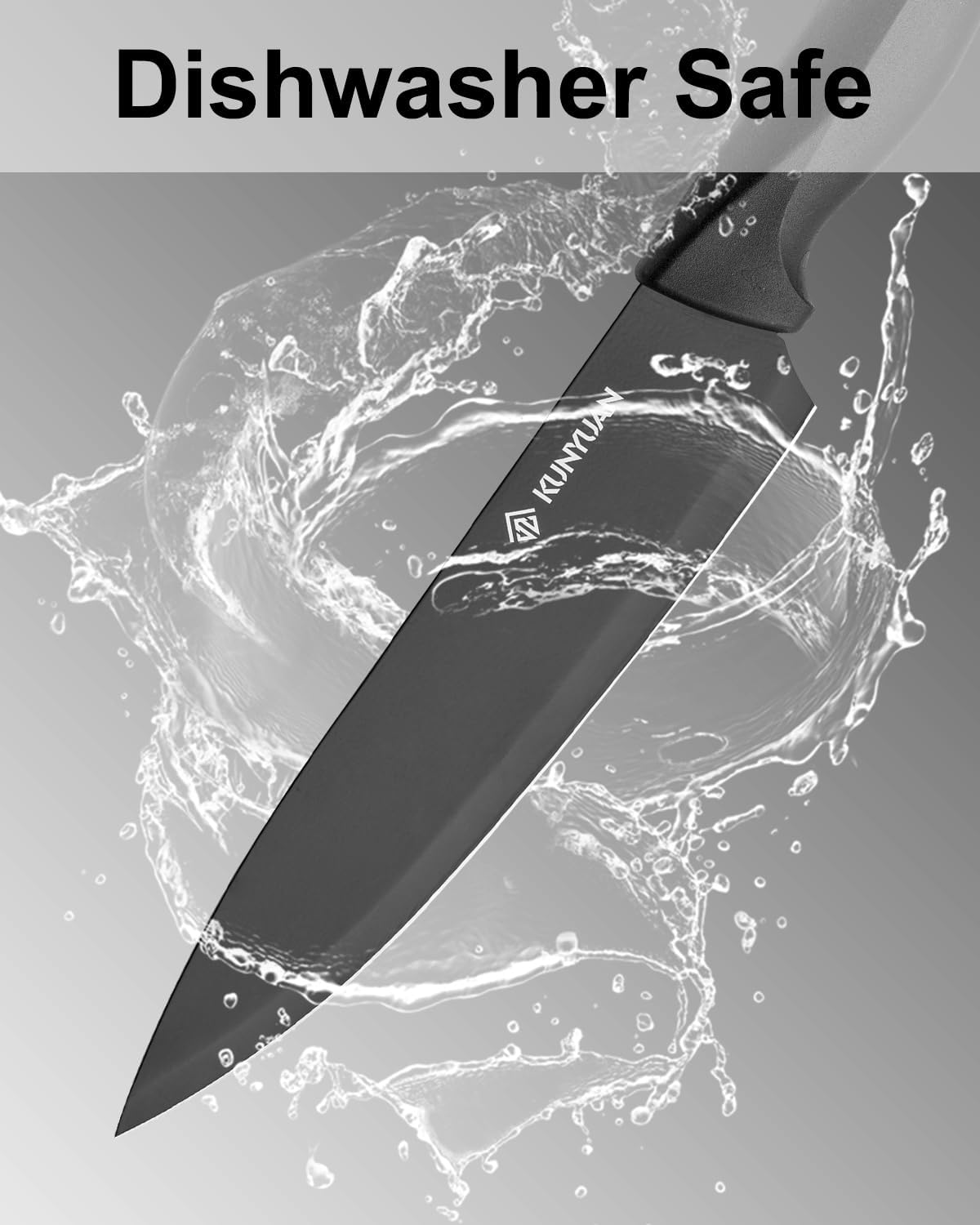 KUNYUAN Kitchen Knife Set, 15-Piece Knife Set with Self-Sharpening Block, Ergonomic Design, 6 Steak Knives, Anti-Slip Handle, Black