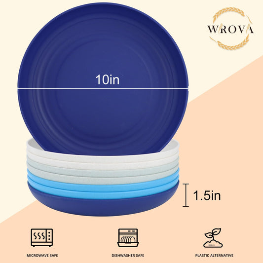 Wrova Wheat Straw Plates - 10 Inch Unbreakable Dinner Plates Set of 8 - Dishwasher & Microwave Safe Plastic Plates Reusable - Plates easy to clean for kitchen,camping.White-Grey-Blue, Island Series
