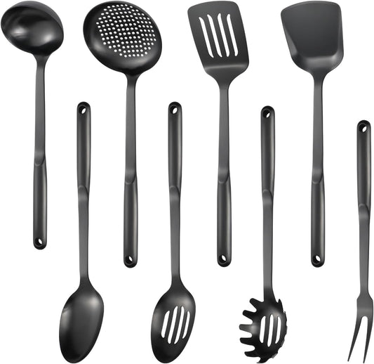 304 Stainless Steel Cooking Utensils Set, 8PCS Kitchen Utensils Set, Include Skimmer, Soup Ladle, Spaghetti Server, Wok Spatula, Slotted Spoon, Solid Spoon, Slotted Spatula Turner & Meat Fork, Black