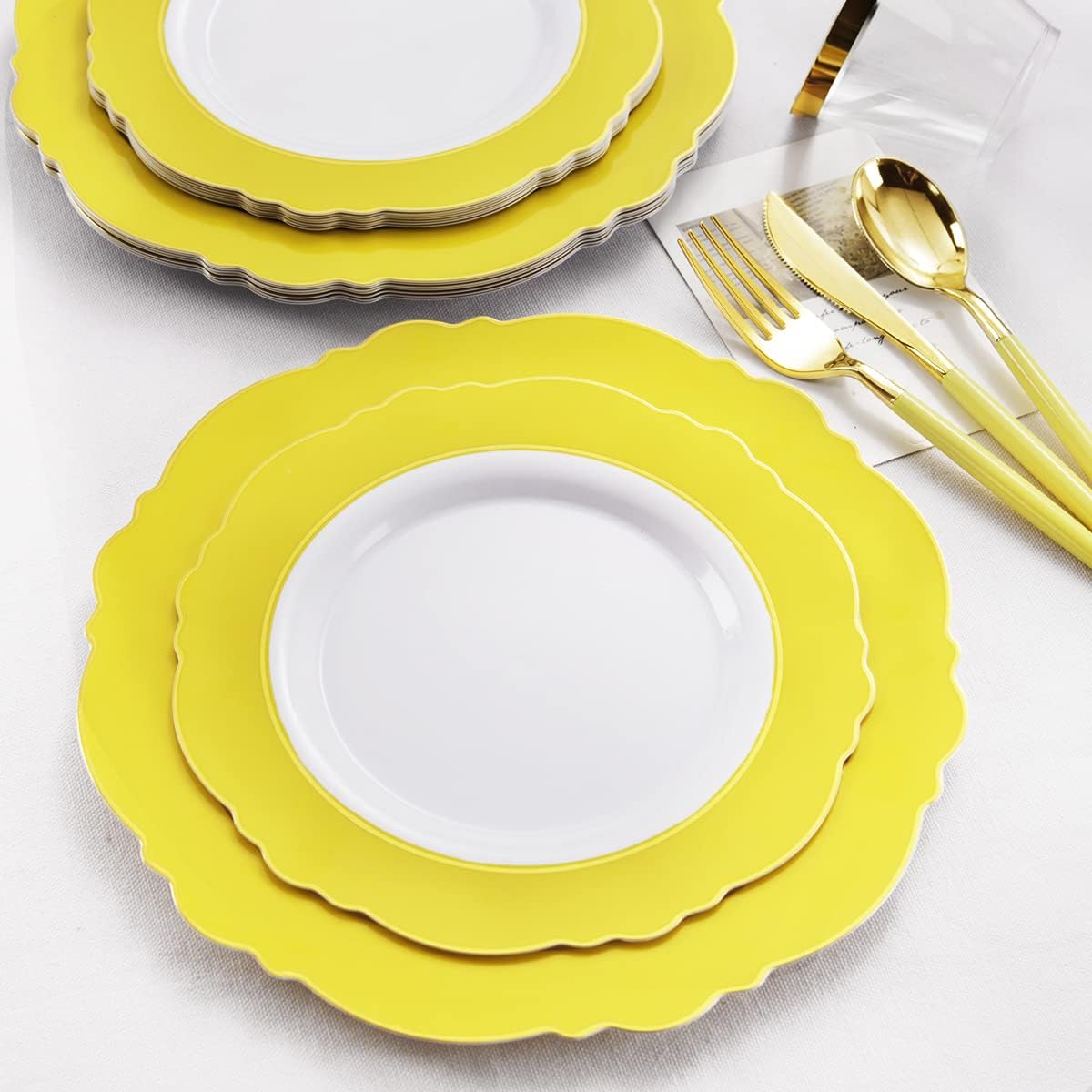 WDF 150pieces Yellow Disposable Dinnerware Hign-end Baroque Design - Sturdy&Durable Baroque Yellow Sunshine&Gold Plastic Dinnerware for Upscale Wedding & Thanksgiving Parties